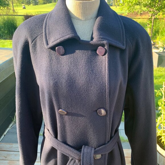 Vintage 90s London Fog Wool Overcoat Navy Double Breasted Belted Winter Coat - Picture 2 of 15